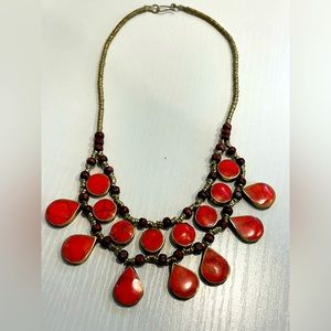 Vintage Coral Orange Stone Gold Tone Brown Accents Choker Beaded Necklace